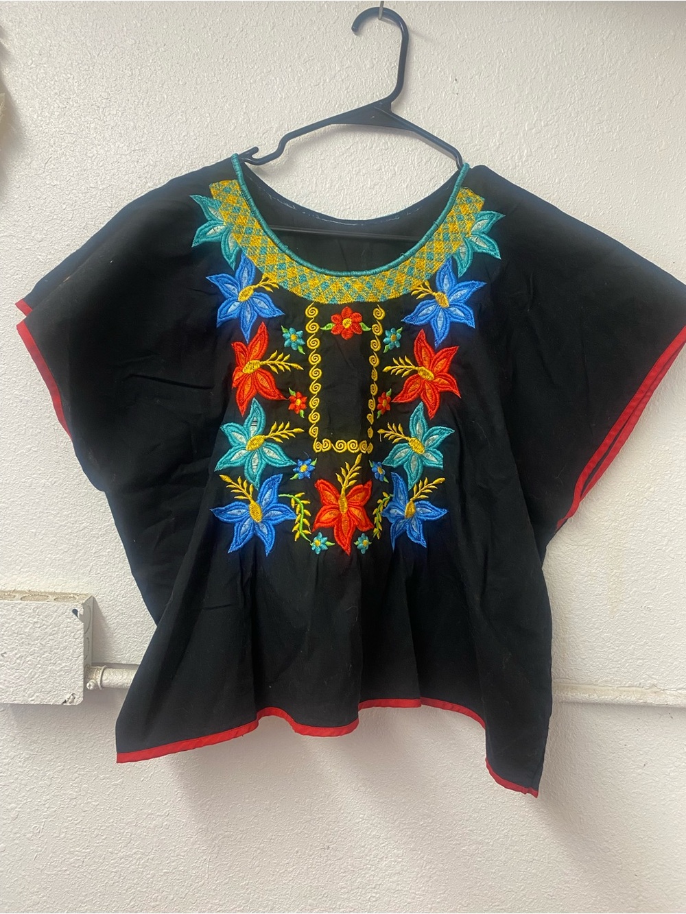 Embroidered Floral Bohemian Black Top - batwing style